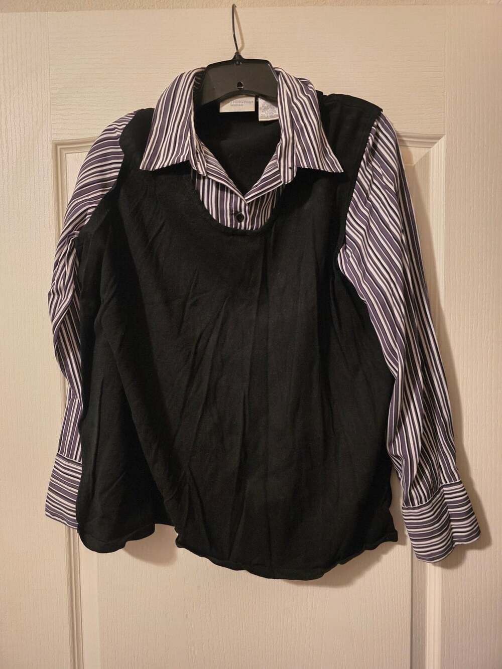 Worthington Woman Striped Blouse With Attached Black Sweater Vest 2X